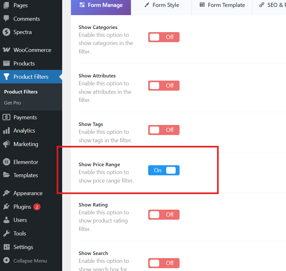 Enable the Price Filter option