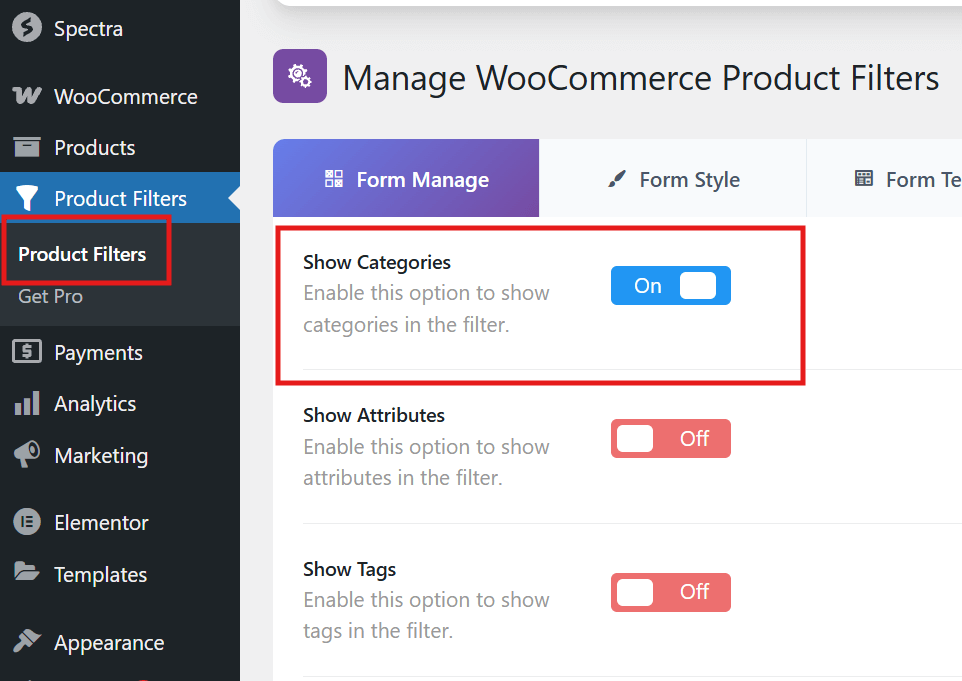 Find the Show Categories option Toggle it on