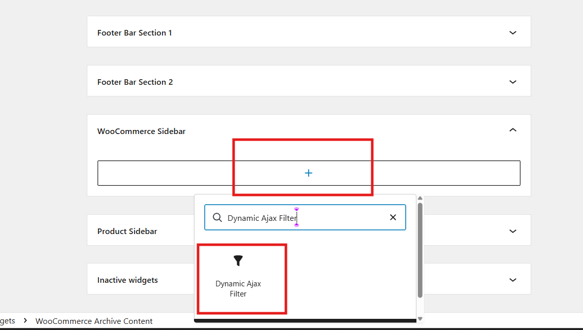 Search for Dynamic Ajax Filter, add the block, and click Update